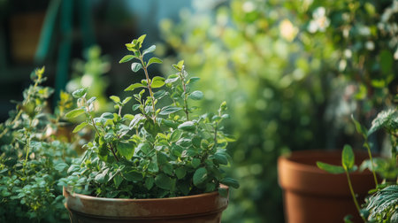 Lush green herbs growing in terracotta pots during a sunny afternoon in a vibrant home gardenの素材