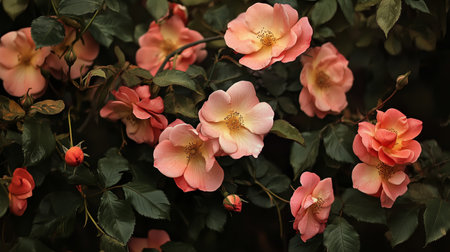 Beautiful blooming pink roses with lush green leaves during a sunny afternoon in a serene gardenの素材