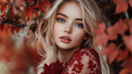 A young woman with flowing blonde hair poses gracefully among vibrant autumn leaves in a scenic outdoor setting during fallの素材