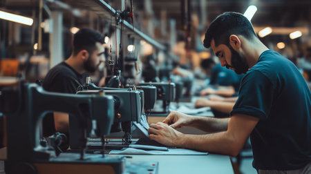 Skilled workers focus on creating garments in a bustling textile factory during evening hoursの素材