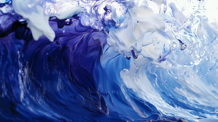 Dynamic ocean waves crashing and swirling with vibrant shades of blue and white under bright sunlightの素材
