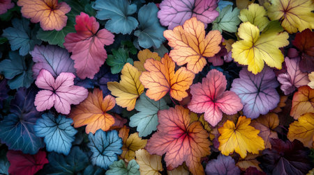 Colorful foliage of heuchera plants showcasing vibrant hues in a garden during early autumnの素材