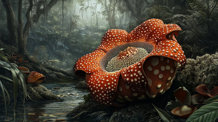 Vibrant red flower with white spots blooming by a serene forest stream in a lush, green jungle during early morning hoursの素材