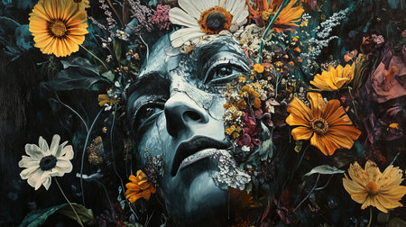 A serene artistic representation of a face surrounded by vibrant flowers in a detailed botanical compositionの素材
