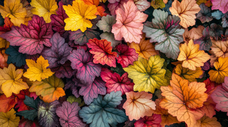 Colorful autumn leaves covering a surface in vibrant hues showcasing shades of red, yellow, orange, and greenの素材
