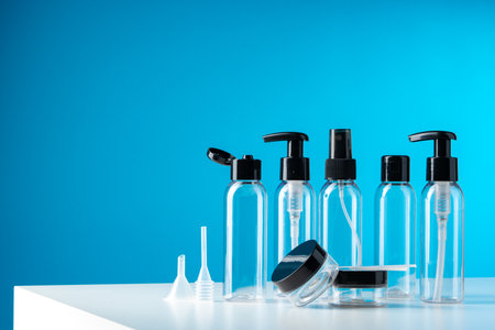 Plastic bottles with black caps are neatly arranged on blue backgroundの写真素材