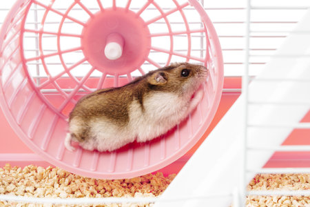 A playful hamster runs energetically on its wheel inside a bright, colorful cageの写真素材