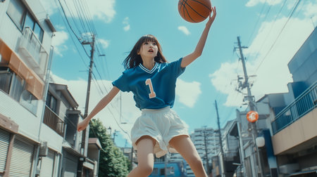A young girl in a blue sports jersey playing basketball on a sunny street in a bustling urban neighborhoodの素材