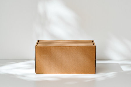 Simple brown cardboard box positioned on a white surface with soft angled shadows in natural light