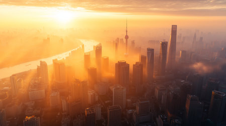 Stunning sunset view of a vibrant city skyline illuminated by golden light over the river in Shanghaiの素材