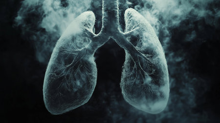Detailed illustration of human lungs with a smoky background, showcasing the intricate structure and anatomy in a dark environmentの素材