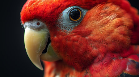A vibrant red parrot with intricate feather details perched quietly on a branch during midday, showcasing its striking colorsの素材