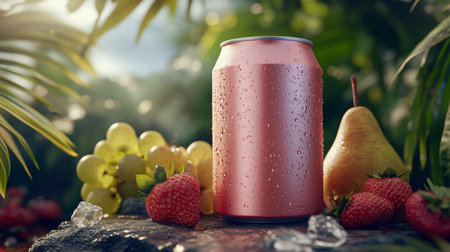 A chilled pink beverage can rests on a rock surrounded by fresh fruits in a lush tropical settingの素材
