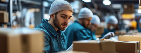 Warehouse worker focused on packing boxes in a busy distribution center during the afternoon shiftの素材