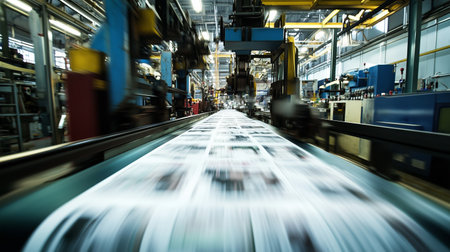 Printing press in operation, showcasing large sheets of paper moving through the machinery during a busy day at the facilityの素材