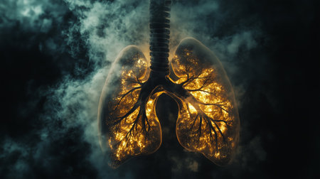 Lungs illuminated by ethereal light surrounded by smoke, showcasing a captivating blend of biology and artistic interpretationの素材