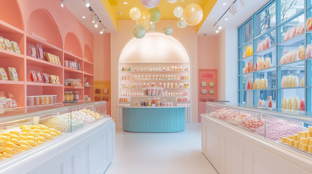 Sweet delight in a pastel confectionery shop showcasing a variety of colorful treats and decorations on a sunny dayの素材