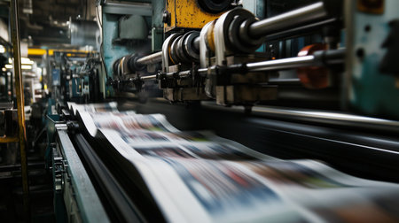Printing press in action showcasing vibrant print production in a busy facility during the dayの素材