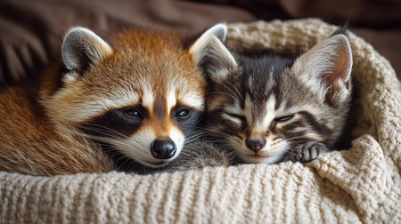 Cute raccoon and kitten cuddling together in a cozy blanket on a soft surfaceの素材