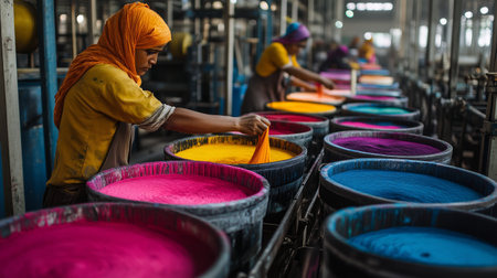 Workers dye vibrant fabrics in a textile factory during daylight, showcasing colorful dye pots and traditional craftsmanshipの素材