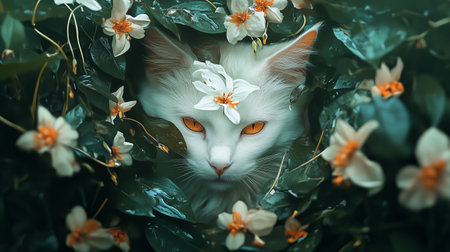 A white cat with striking orange eyes peeking through vibrant green leaves and delicate white flowers in a serene garden settingの素材