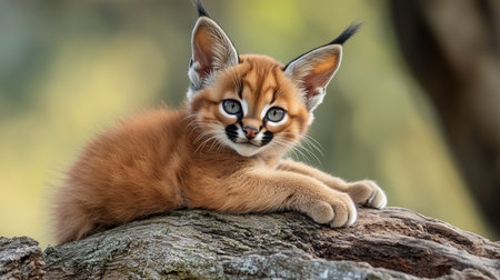 A playful caracal kitten exploring its natural habitat during a sunny afternoon in the wildの素材