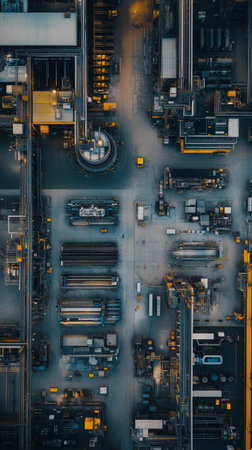 Aerial view of an industrial complex with pathways and machinery during daylight hoursの素材