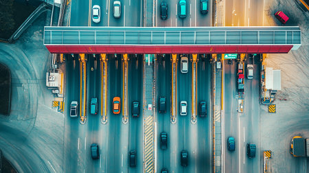 Traffic flows through a busy toll plaza with multiple lanes in a bustling urban area during daytimeの素材