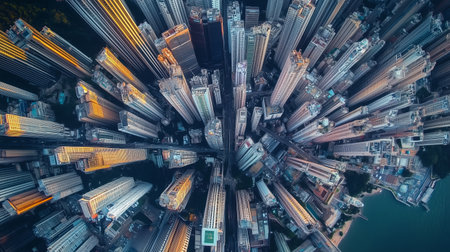Aerial view of a bustling cityscape with skyscrapers illuminated during dusk near the waterfront, showcasing urban development and architectureの素材