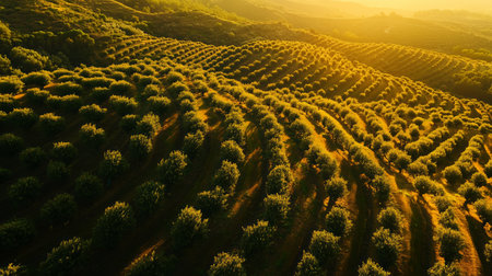 Golden hour illuminates lush green hills of olive trees in rolling landscapeの素材