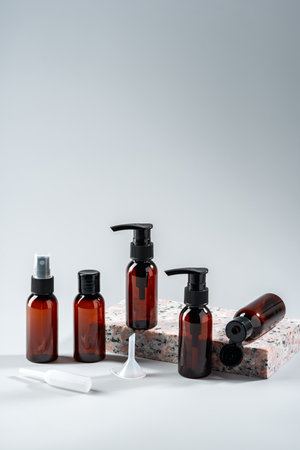 Elegant amber glass bottles displayed on a textured stone surface in a minimalist studio settingの写真素材