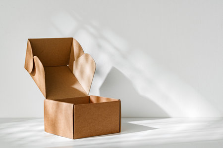 An open cardboard box rests on a bright white surface with soft shadows highlighting its edges and...