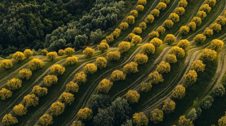 Aerial view of vibrant yellow trees across rolling green hills under a clear sky at sunset in a rural landscapeの素材
