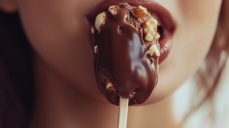 Enjoying a chocolate-covered ice cream treat on a sunny day, capturing a moment of indulgence and delight outdoorsの素材
