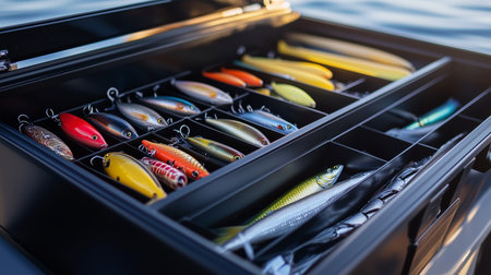 Detailed view of a fishing tackle box filled with various colorful lures by the waters edge during late afternoon lightの素材