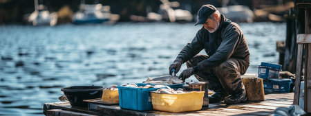 Fisherman cleaning freshly caught fish on a wooden dock beside calm water during golden hourの素材