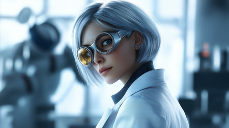 A scientist with short silver hair and goggles working in a modern laboratory with advanced equipment and a focused expressionの素材