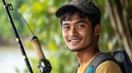 Young man fishing by the lake, smiling, wearing a cap and backpack, surrounded by greenery in a calm nature setting on a sunny dayの素材