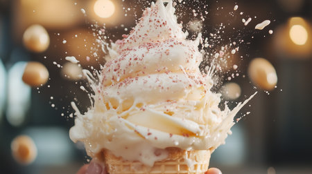 Delicious ice cream cone splashing with creamy toppings and colorful sprinkles captured indoors during a fun summer celebrationの素材