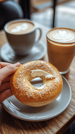 Enjoying a fresh bagel with cream cheese and coffee in a cozy cafÃ© setting on a bright morningの素材