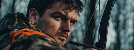 A focused hunter prepares to take aim with a bow during autumn in a dense forest, showcasing determination and outdoor skillsの素材