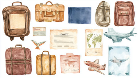 Travel essentials and artifacts arranged in a creative layout showcasing bags, documents, and travel items with a vintage aestheticの素材