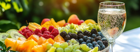 Freshly arranged fruit platter with sparkling drink in a garden setting on a sunny afternoonの素材