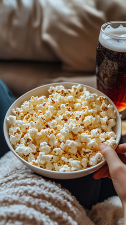 Enjoying a bowl of fresh popcorn and a cold drink while relaxing on the couch in a cozy living room settingの素材