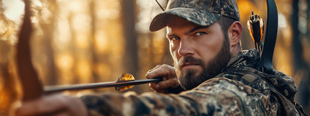 A focused archer prepares for the perfect shot in a forest at sunset, showcasing skill and dedication in the wildの素材