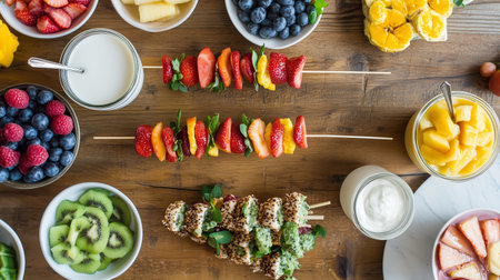 Colorful fruit skewers arranged on a wooden table alongside fresh fruit bowls during a summer gatheringの素材
