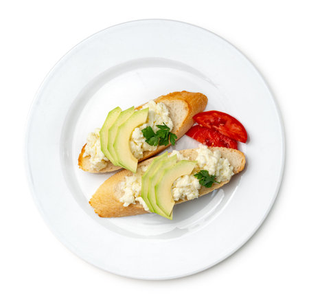 Fresh avocado spread on bread garnished with cilantro and tomatoの写真素材