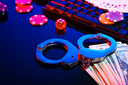Handcuffs placed beside cash and poker chips on a black table at a dimly lit gambling settingの写真素材