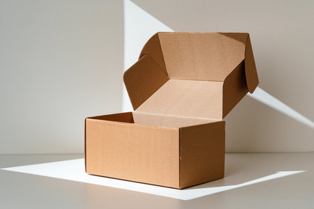 An open cardboard box rests on a bright white surface with soft shadows highlighting its edges and...