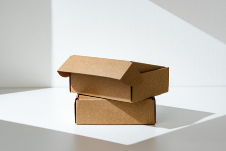 Freshly packed cardboard boxes resting on a white surface, illuminated by soft natural light
